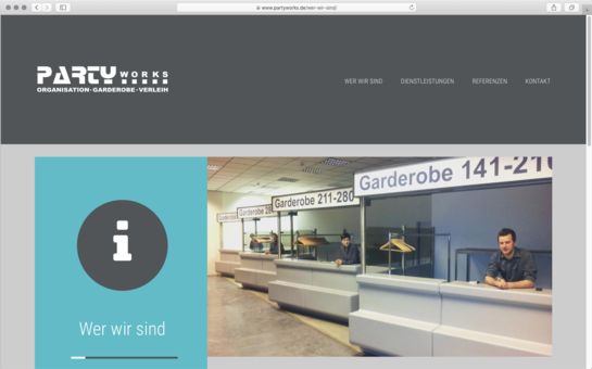 Website: Partyworks – Garderobenbetreuung und Materialverleih
